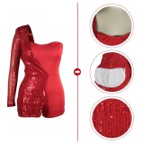 Spring Fashion Red Sequines One Shoulder Long Sleeve Blazer With Romper