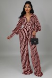 Winter Fashion Print Puffed Long Sleeve With Belt Jumpsuit