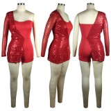 Spring Fashion Red Sequines One Shoulder Long Sleeve Blazer With Romper