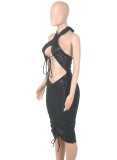 Spring Black Sequined Cut Out Halter Ruched Club Dress