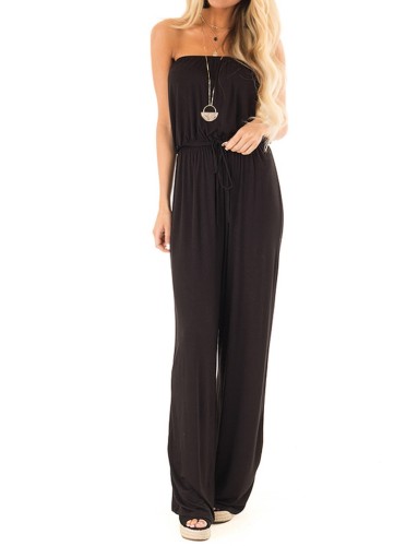 Summer Black Strapless Drawstrings Casual Jumpsuit