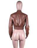 Winter Brown Long Sleeves Zipped Up Bustier Leather Jacket