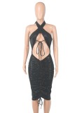 Spring Black Sequined Cut Out Halter Ruched Club Dress