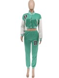 Spring Light Green Letter Print Baseball Jacket and Sweatpants Sportswear Vendors