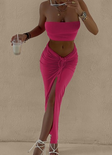Summer Rose Strapless Crop Top and Irregular Long Skirt Two Piece Set