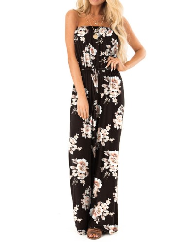 Summer Floral Black Strapless Drawstrings Casual Jumpsuit