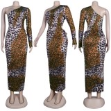 Winter Leopard Print One Shoulder Zipper Long Bodycon Party Dress