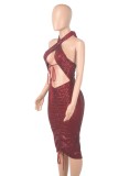 Spring Burgunry Sequined Cut Out Halter Ruched Club Dress