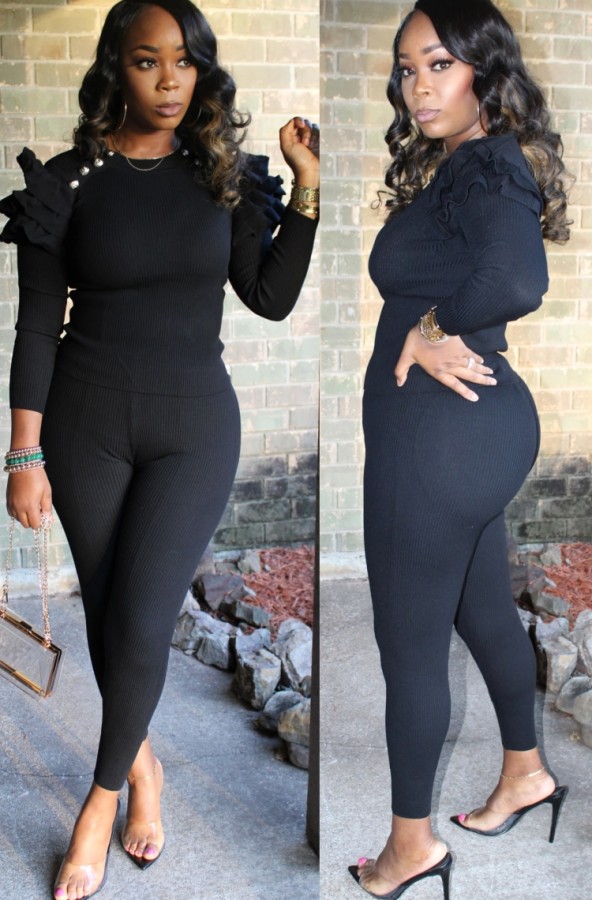 Winter Black Knitting Tight Ruffle Top and Pants Two Piece Set