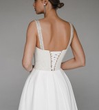 Summer White Sequined Upper Wedding Vintage Strap Bridemaid Dress