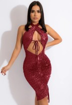 Spring Burgunry Sequined Cut Out Halter Ruched Club Dress