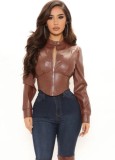 Winter Brown Long Sleeves Zipped Up Bustier Leather Jacket