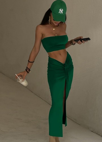 Summer Green Strapless Crop Top and Irregular Long Skirt Two Piece Set