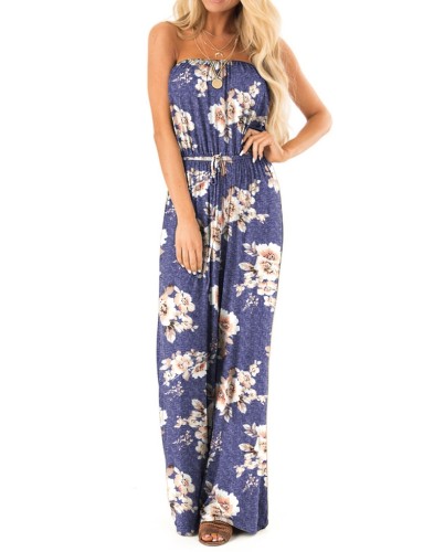 Summer Floral Blue Strapless Drawstrings Casual Jumpsuit