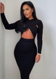 Fall Sexy Black Cross Neck Hollow Out Long Sleeve Bodycon Dress