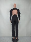 Spring Sexy Black Round Neck Hollow Out Backless Long SLeeve Crop Top and Match Pants wholesale Two Piece Sets