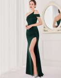 Spring Elegant Green One Shoulder High Slit Cocktail Eevening Dress
