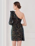 Winter Elegant Black Sequins Ruffled One Shoulder Long Sleeve Short Formal Party Dress