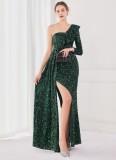 Winter Elegant Green Sequins Ruffled One Shoulder Long Sleeve Slit Formal Party Evening Dress