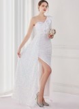 Winter Elegant White Sequins Ruffled One Shoulder Long Sleeve Slit Formal Party Evening Dress