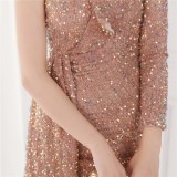 Winter Elegant Golden Sequins Ruffled One Shoulder Long Sleeve Short Formal Party Dress
