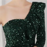 Winter Elegant Green Sequins Ruffled One Shoulder Long Sleeve Short Formal Party Dress