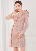 Winter Elegant Pink Sequins Ruffled One Shoulder Long Sleeve Short Formal Party Dress