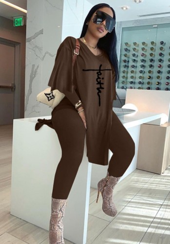Fall Casual Brown Embroidered Long Sleeve Oversize T-shirt and Tight Pants Wholesale Two Piece Clothing
