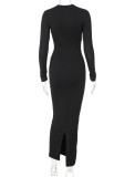 Fall Sexy Black Cross Neck Hollow Out Long Sleeve Bodycon Dress