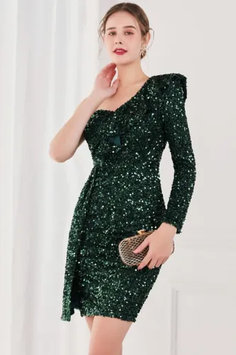 Winter Elegant Green Sequins Ruffled One Shoulder Long Sleeve Short Formal Party Dress