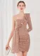 Winter Elegant Golden Sequins Ruffled One Shoulder Long Sleeve Short Formal Party Dress