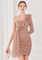 Winter Elegant Golden Sequins Ruffled One Shoulder Long Sleeve Short Formal Party Dress