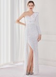 Winter Elegant White Sequins Ruffled One Shoulder Long Sleeve Slit Formal Party Evening Dress