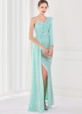 Winter Elegant Blue Sequins Ruffled One Shoulder Long Sleeve Slit Formal Party Evening Dress