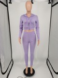 Fall Casual Purple Long Sleeve Zipper Cropped Hoodies and Slim Pants Two Piece Set Sportswear Vendors