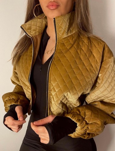 Winter Casual Golden Zipper High Neck Rhombus Long Sleeve Short Jacket