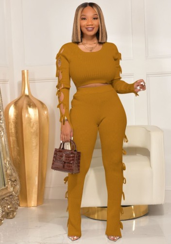 Spring Sexy Ginger Round Neck Hollow Out Backless Long SLeeve Crop Top and Match Pants wholesale Two Piece Sets