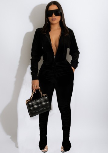 Winter Sexy Black Velvet Zipper Hoody Long Sleeve Ruched Jumpsuit