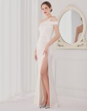 Spring Elegant White One Shoulder High Slit Cocktail Eevening Dress