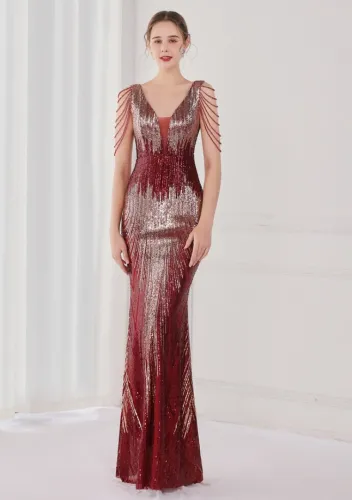 Spring Elegant Red Bling Sequins V Neck Tassel Gradient Mermaid Evening Dress