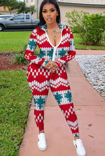Winter Sexy Plus Size Christmas Printed Turndown Collar Plunge Neck Skinny Jumpsuit