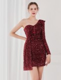 Winter Elegant Red Sequins Ruffled One Shoulder Long Sleeve Short Formal Party Dress