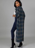 Fall Casual Blue Plaid Long Sleeve Oversize Long Cardigan Coat