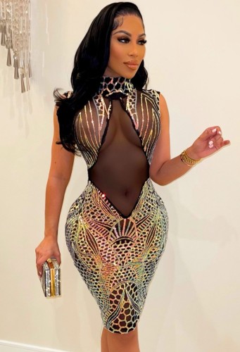 Spring Sexy Black Bling Sequins Mesh Patch Sleeveless Bodycon Club Dress