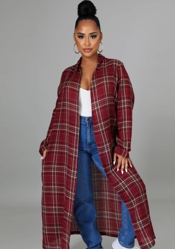 Fall Casual Red Plaid Long Sleeve Oversize Long Cardigan Coat