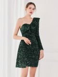 Winter Elegant Green Sequins Ruffled One Shoulder Long Sleeve Short Formal Party Dress