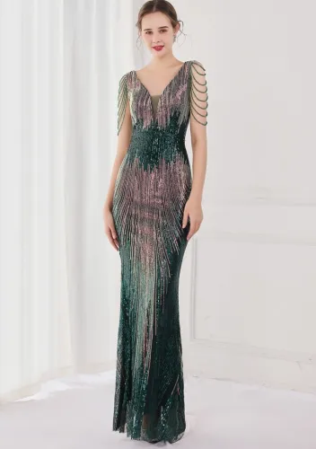 Spring Elegant Green Bling Sequins V Neck Tassel Gradient Mermaid Evening Dress