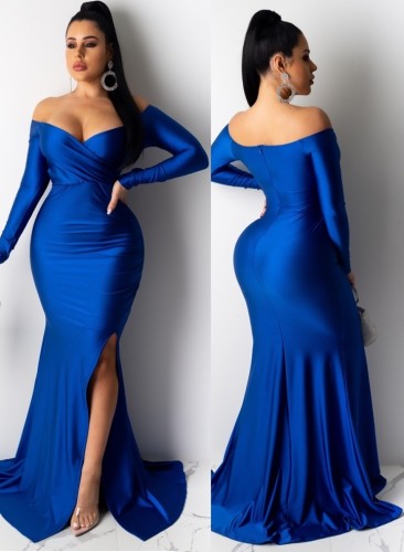 Blue Sexy Sweetheart Long Sleeve Slit Mermaid Evening Dress
