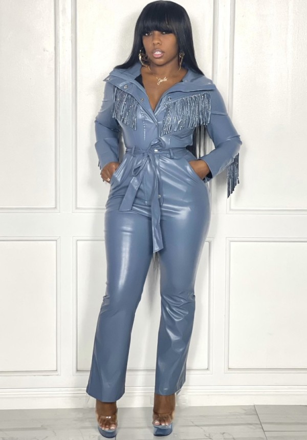 Winter Casual Blue Turndown Collar Button Up Tassel Fringe Faux Leather Jumpsuit