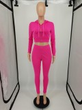 Fall Casual Rose Red Long Sleeve Zipper Cropped Hoodies and Slim Pants Two Piece Set Sportswear Vendors